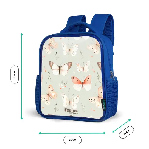 Vlinder patroon in zachte oranje en rode tinten Kinderrugzak - Blauw middel -productfoto_formaten