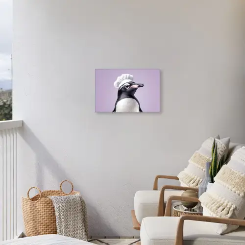 Pinguïn - Koksmuts - Lief - Paars Tuinposter op houten frame 2 cm dik klein -sfeer1