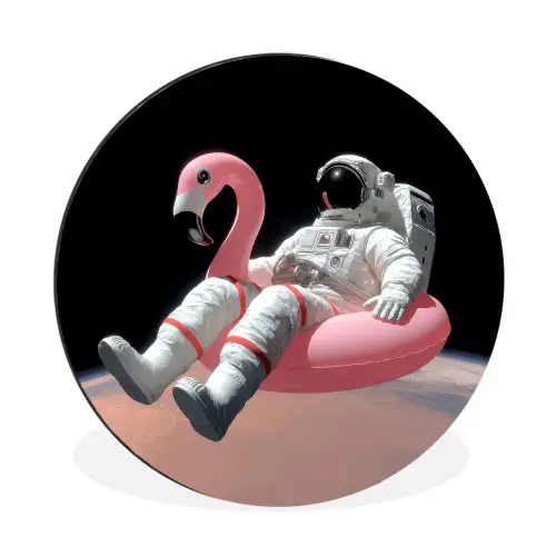 Astronaut - Flamingo - Zwemband - Roze Wandcirkel aluminium klein -3d