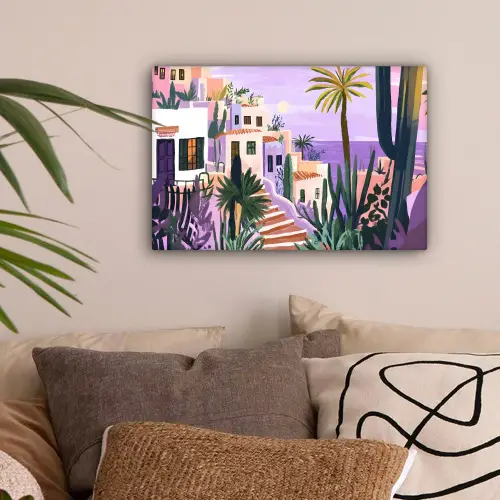 Huizen - Minimalistisch - Palmbomen - Kust canvas 2cm klein -sfeer1