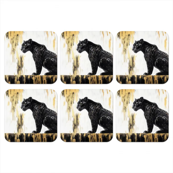 Panter - Zwart - Abstract - Goud onderzetter kurk middel -3d