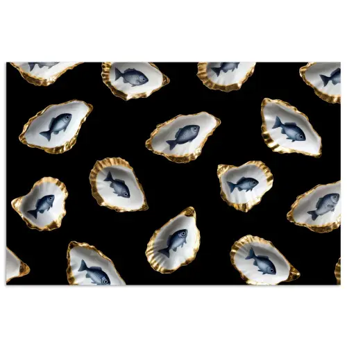 Oesters - Vissen - Blauw - Goud poster papier klein -3d
