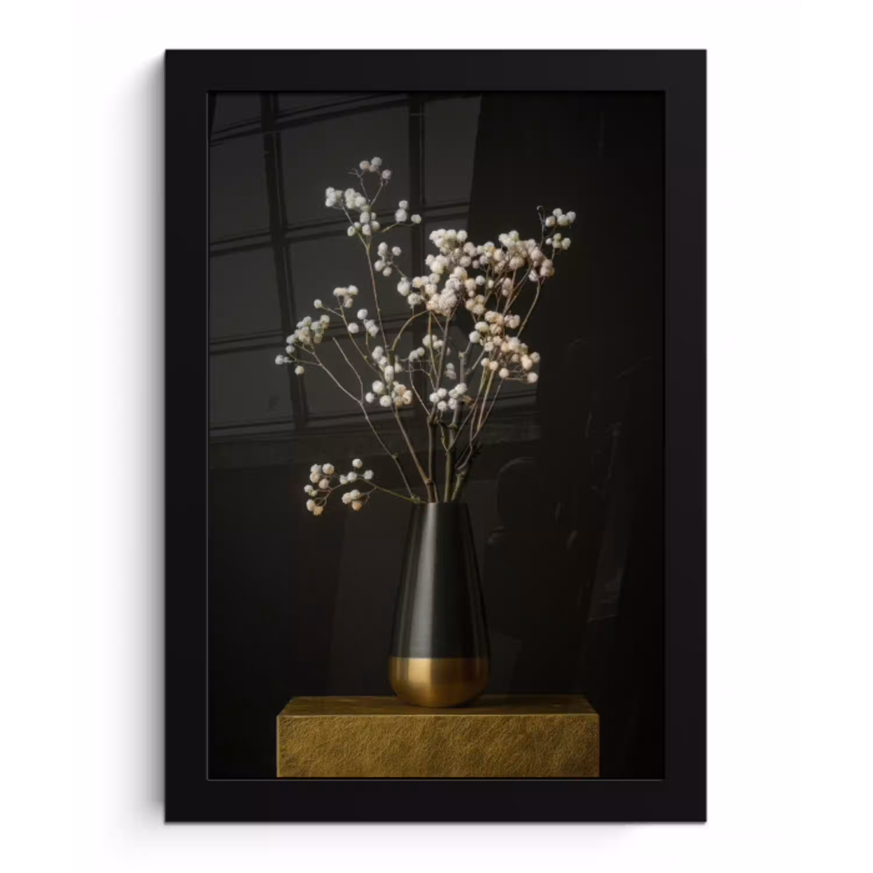 Bloembollen - Wit - Vaas - Minimalistisch fotolijst zwart zonder passe partout klein -3d
