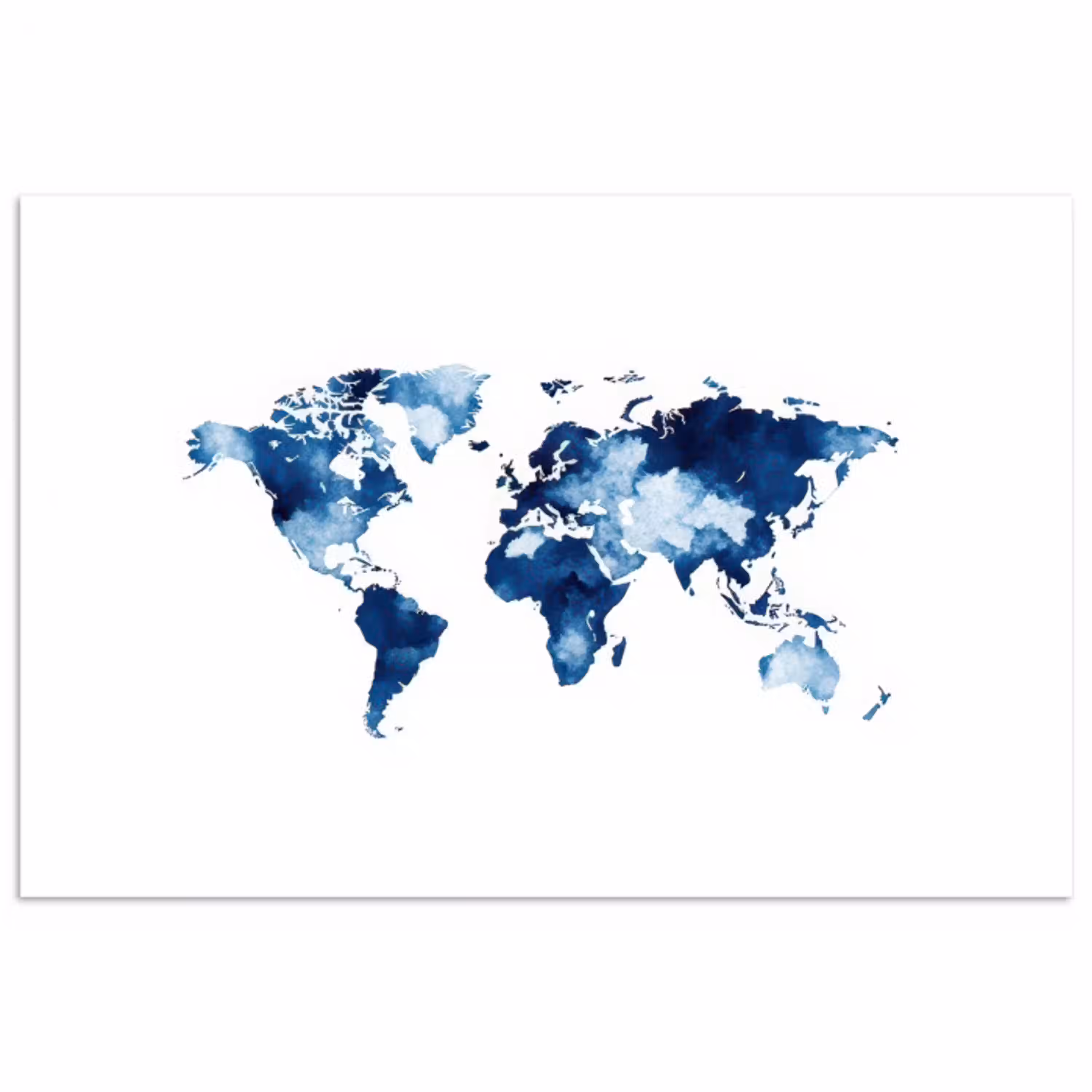 Wit - Aquarel - Blauw - Wereldkaart poster papier klein -3d