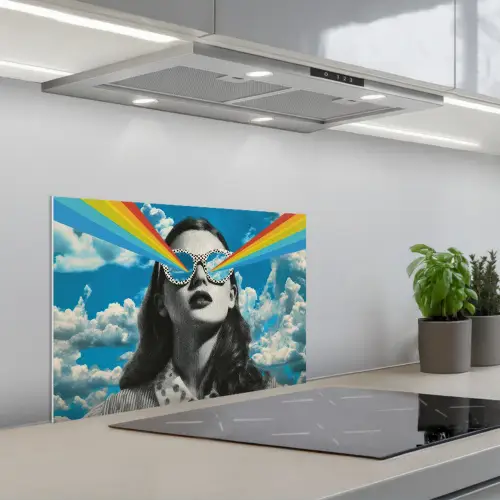 Vrouw - Bril - Regenboog - Wolken keuken achterwand spatscherm klein -3d_schuin