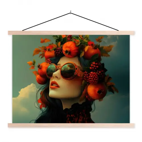 Vrouw - Granaatappel - Herfst - Zonnebril textielposter latten blank klein -3d