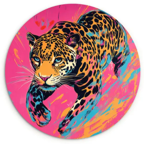 Luipaard - Roze - Oranje - Blauw - Verf Wandcirkel kunststof plaat 5mm dik klein -3d