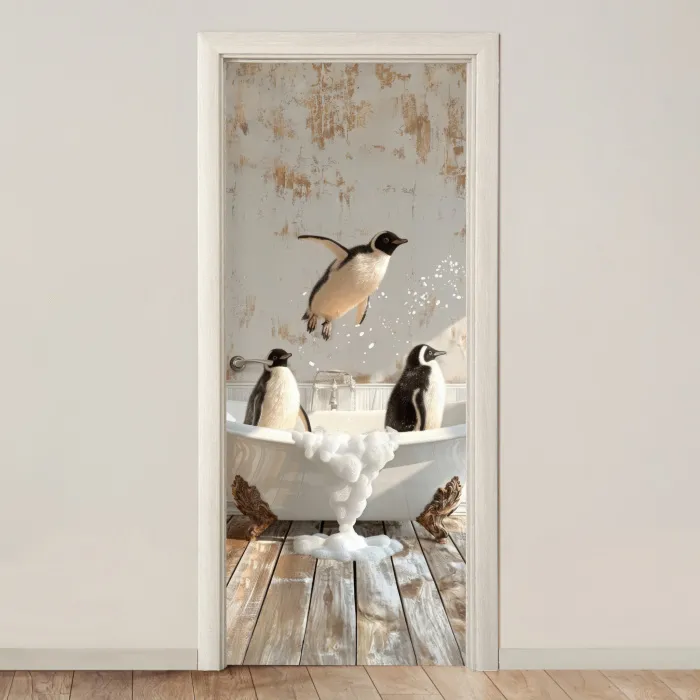 Vintage - Pinguïn - Badkuip - Schuim deurposter klein -3d_beige