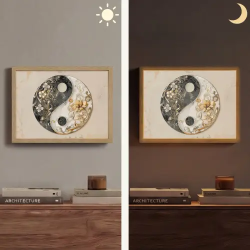 Yin Yang - Bloemen - Zwart - Wit - Vintage Light Box met batterij (Wandlamp) middel -sfeer3