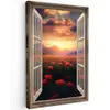 Doorkijk - Klaprozen - Bloemen - Rood - Open raam Tuinposter op houten frame 2 cm dik klein -3d