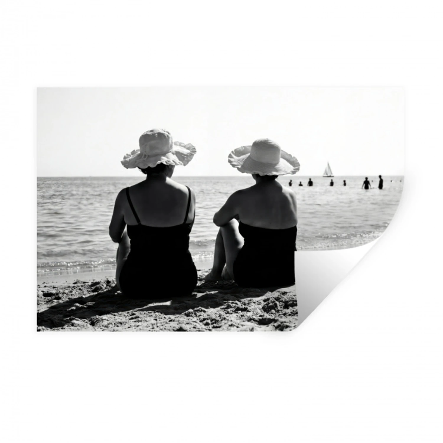 Vrouwen - Zonnehoed - Strand - Zwart - Wit Muursticker klein -3d