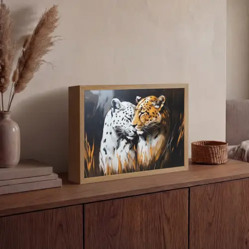 Luipaard - Oranje - Wit - Gras Light Box met batterij (Wandlamp) middel -sfeer2