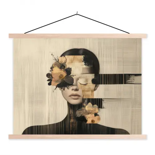 Gezicht - Bloemen - Zwart - Vrouw textielposter latten blank klein -3d