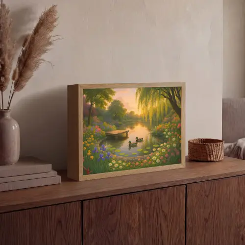 Eenden - Vijver - Bloemen Light Box met batterij (Wandlamp) middel -sfeer2