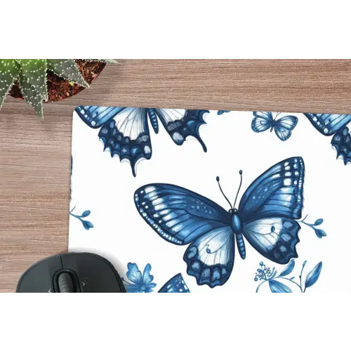 Blauw - Vlinders - Bloemen - Wit muismat rubber klein 262 -closeup