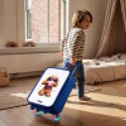Bruine hond met roze bril en kauwgombal Kinderkoffer - Blauw klein -sfeer1