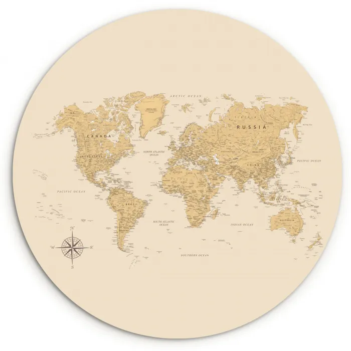 Wereldkaart - Realistisch - Beige Wandcirkel plexiglas klein -3d