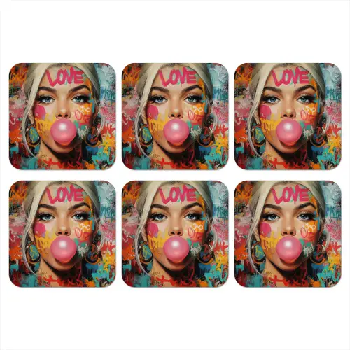 Vrouw - Kauwgom - Graffiti - Love onderzetter kurk middel -3d