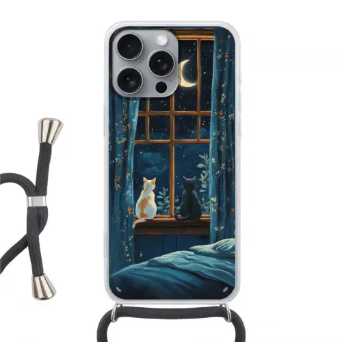 Kat - Sterrenhemel - Blauw Hoesje iPhone 16 Pro Max met koord klein -3d