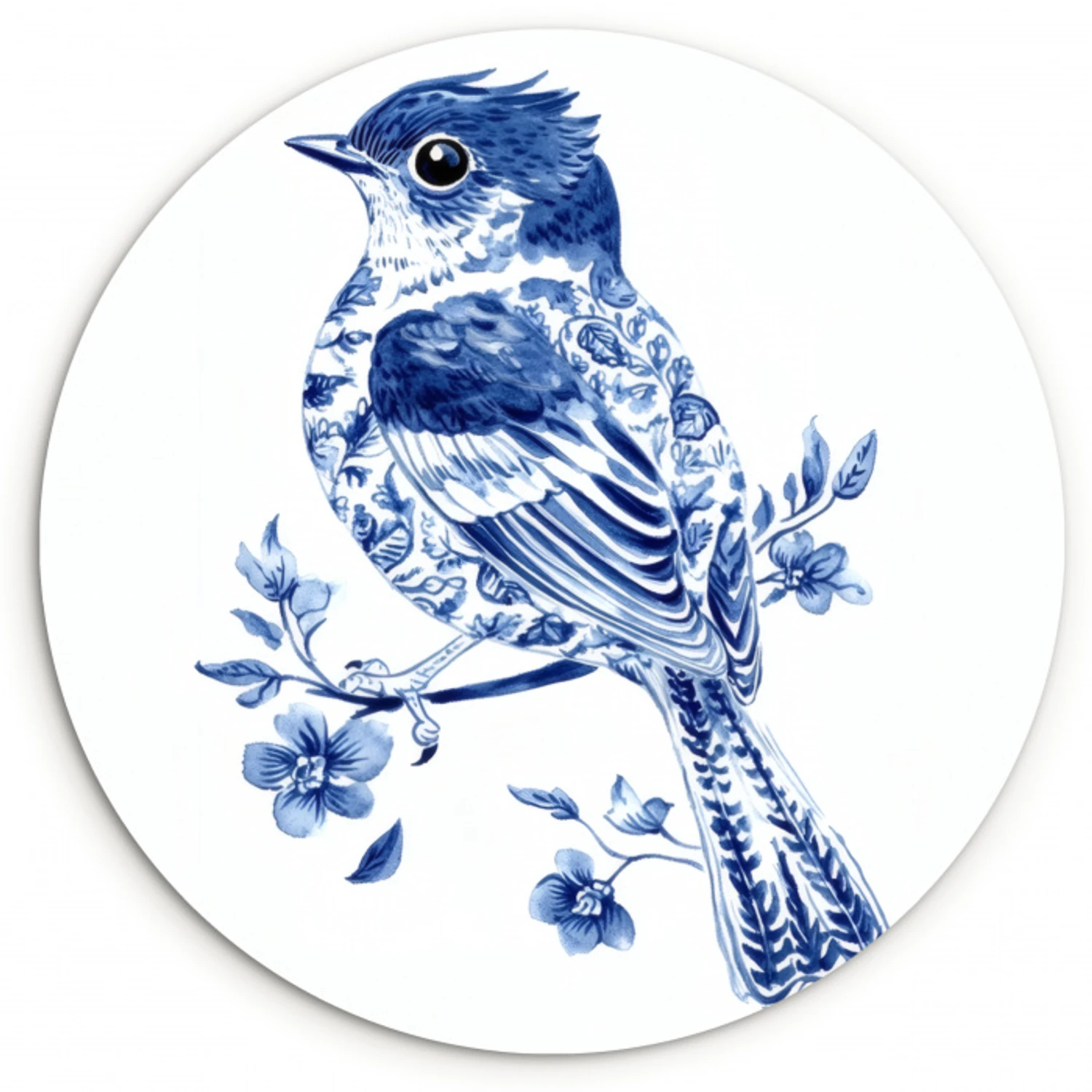 Vogel - Delfts blauw - Illustratie - Bloemen Wandcirkel kunststof plaat 5mm dik klein -3d