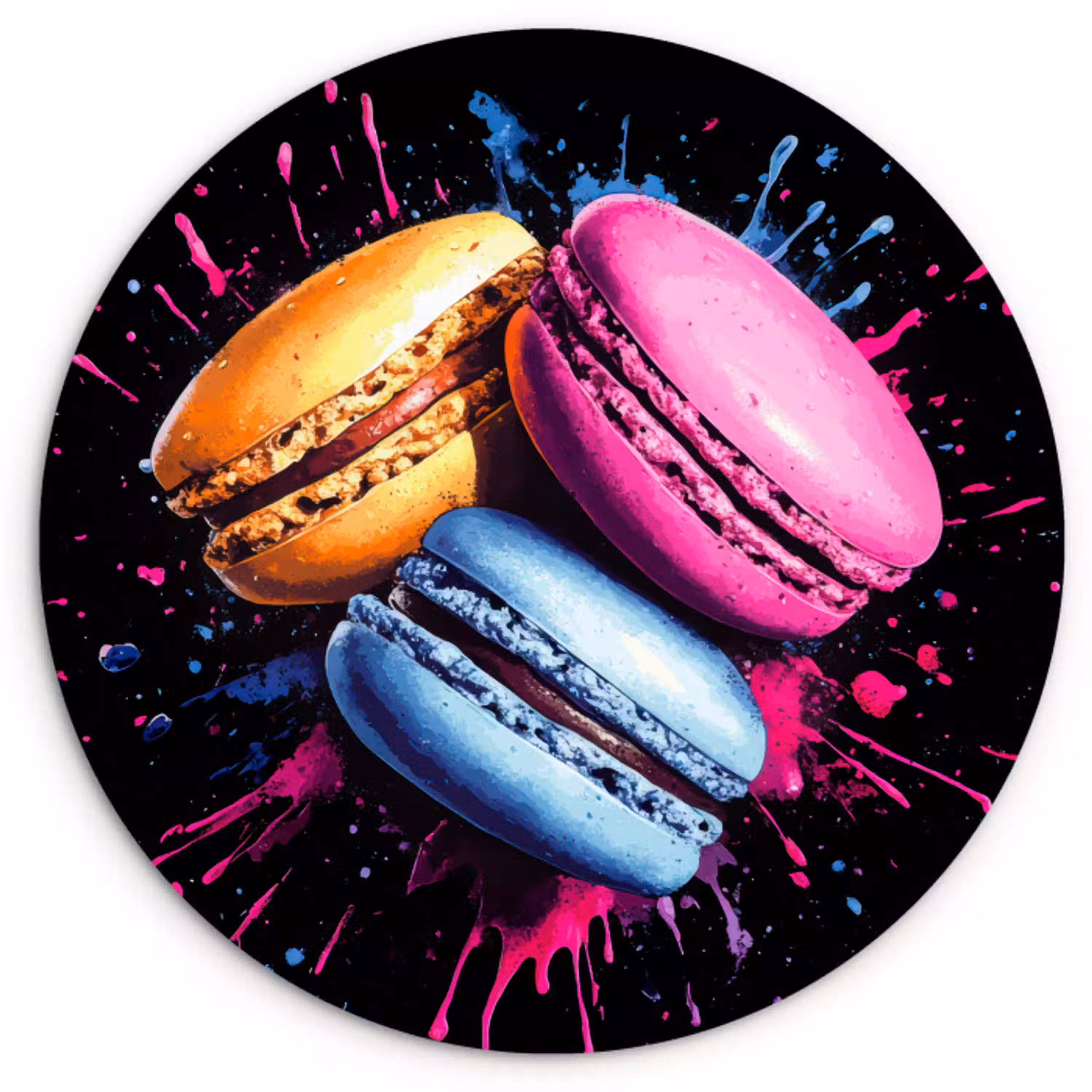 Macarons - Dessert - Graffiti - Kleurrijk - Roze - Blauw - Geel Wandcirkel plexiglas klein -3d