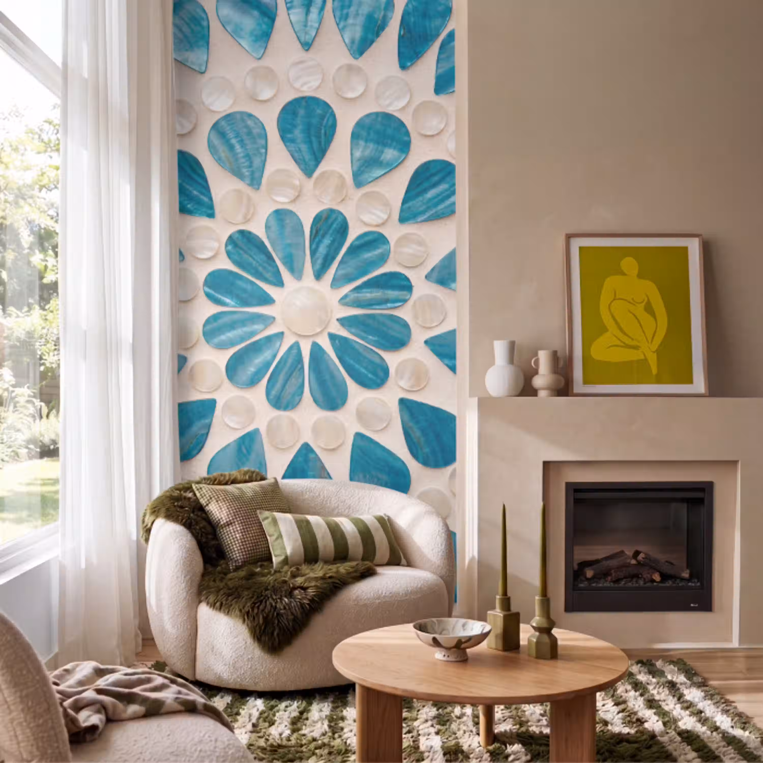 Patroon - Mozaïek - Schelpen - Abstract - Turquoise Behang Vlies klein -sfeer2