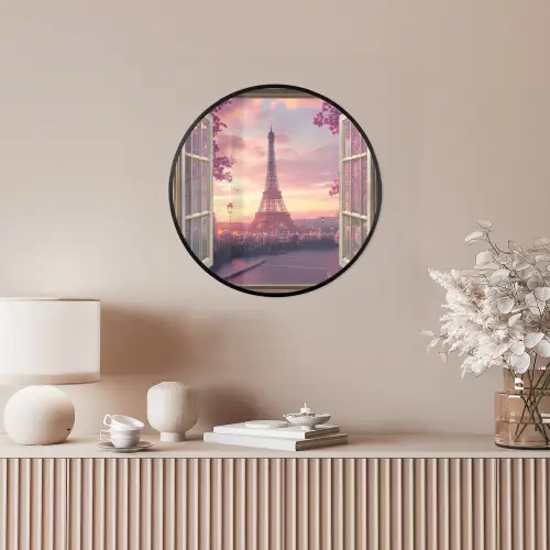 Doorkijk - Parijs - Eiffeltoren - Roze - Kersenbloesem Fotolijst rond zonder passe partout klein -sfeer3