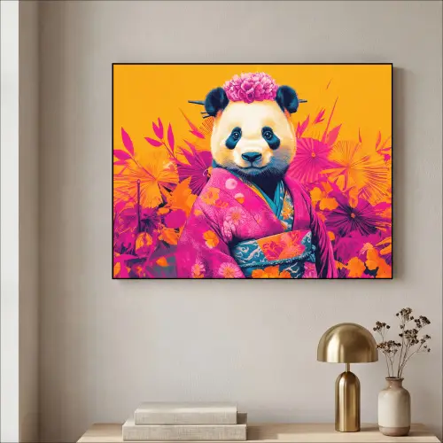 Kimono - Roze - Panda - Bloemenkroon Textielframe zwart klein -sfeer2
