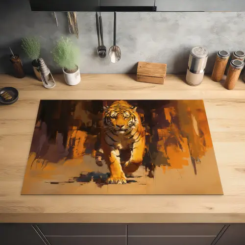 Tijger - Geschilderd - Oranje - Penseelstreken Inductie beschermer vinyl 3mm klein -sfeer5