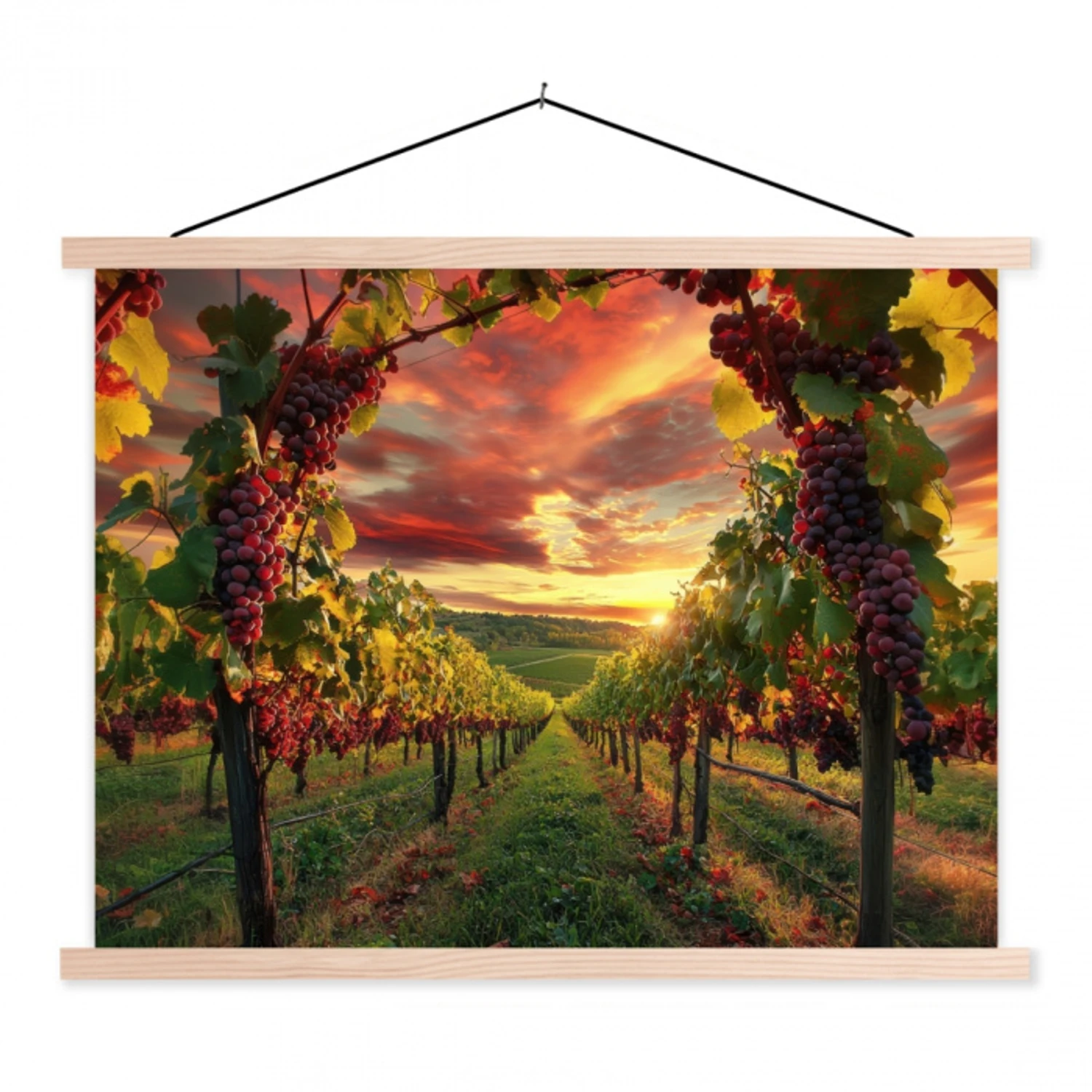 Wijngaard - Druiven - Zonsondergang textielposter latten blank klein -3d