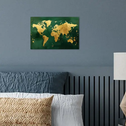 Wereldkaart - Groen - Goud poster papier klein -sfeer2