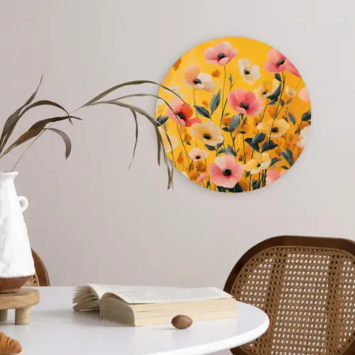 Bloemen - Veld - Geel Wandcirkel kunststof plaat 5mm dik klein -sfeer4