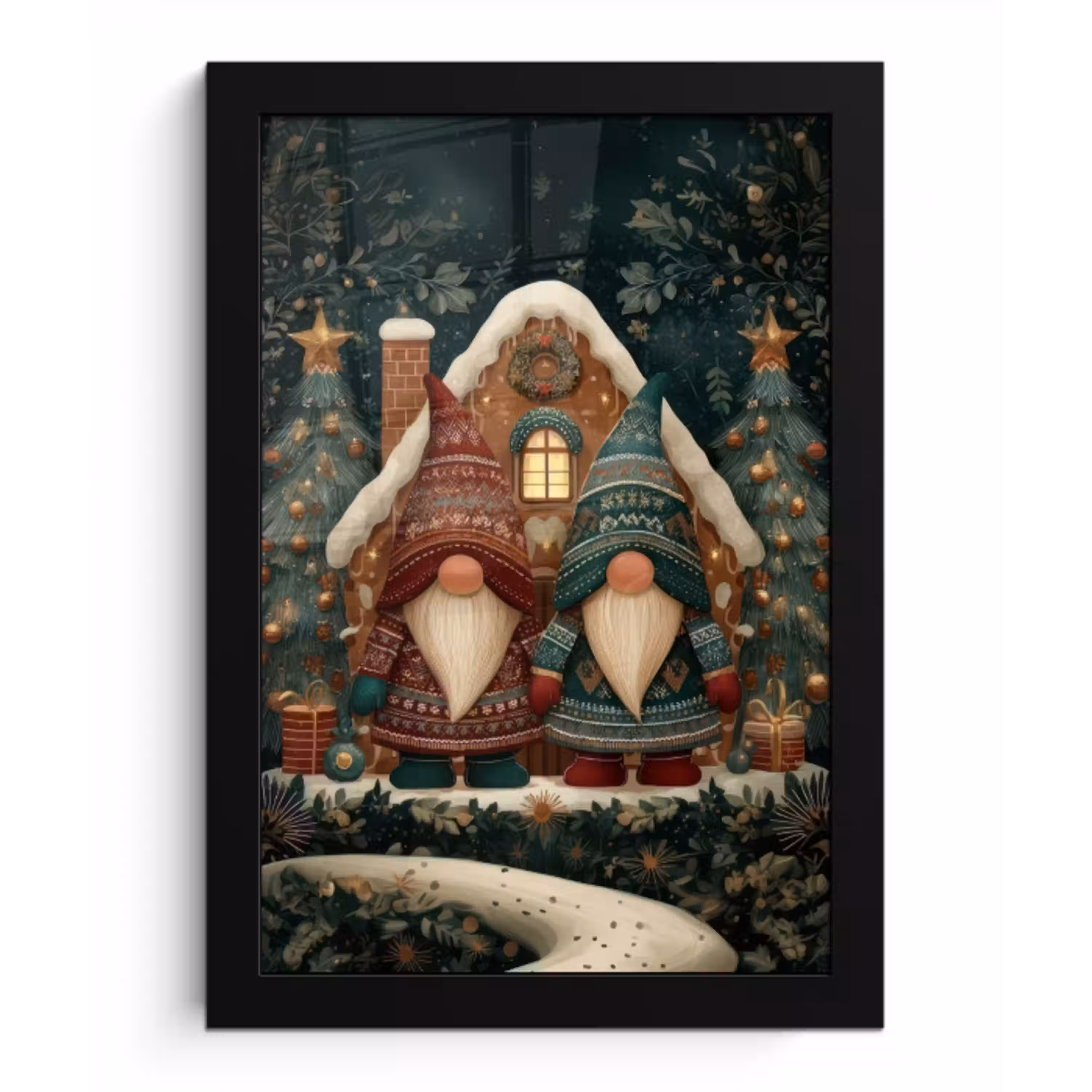 Kerst - Gnomen - Peperkoekhuisje - Rood - Groen fotolijst zwart zonder passe partout klein -3d