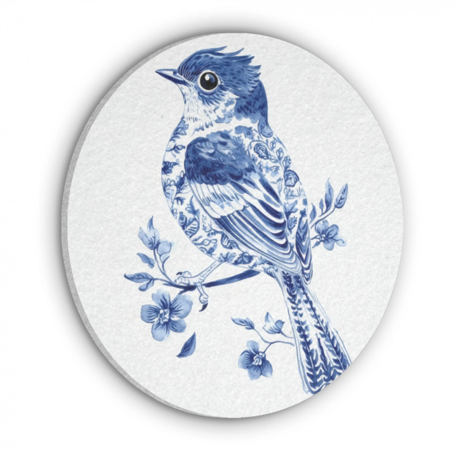 Vogel - Delfts blauw - Illustratie - Bloemen Akoestische PET Vilt - Rond klein -3d