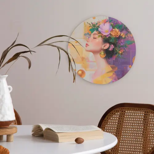 Abstract - Vrouw - Bloemenkroon - Goud Akoestische PET Vilt - Rond klein -sfeer3