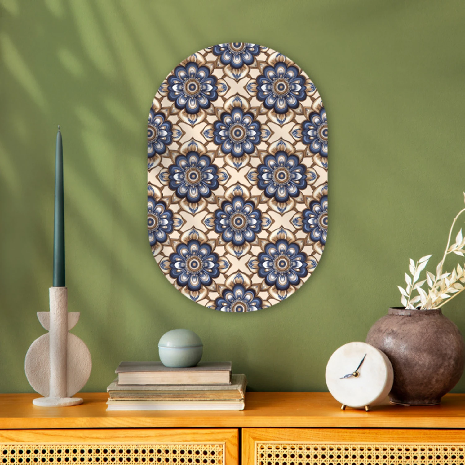 Floraal - Ornament - Blauw Wandcirkel Ovaal Forex klein 630 -sfeer2