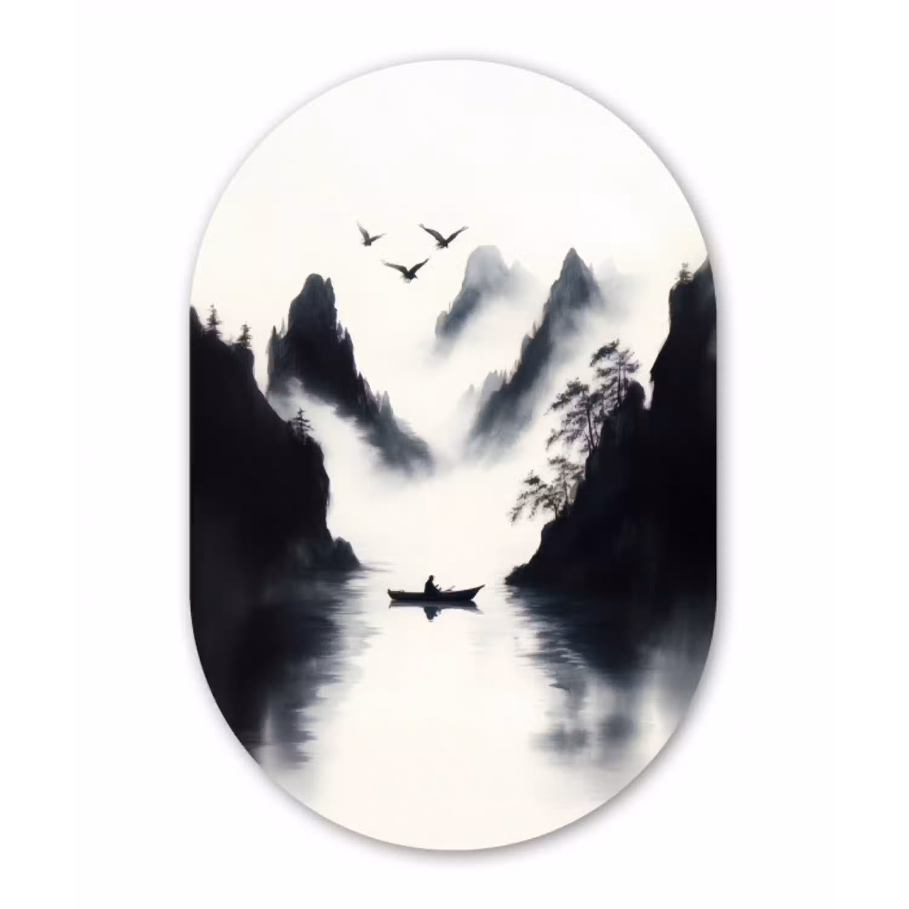 Roeiboot - Mistig - Bergen - Vogels Wandcirkel Ovaal Glas middel -3d
