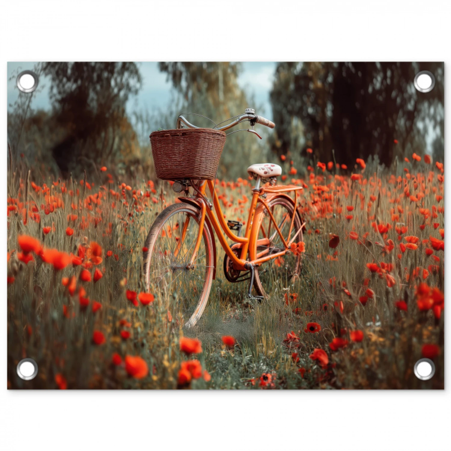 Oranje fiets - Klaprozen - Bomen tuinposter los doek klein -3d