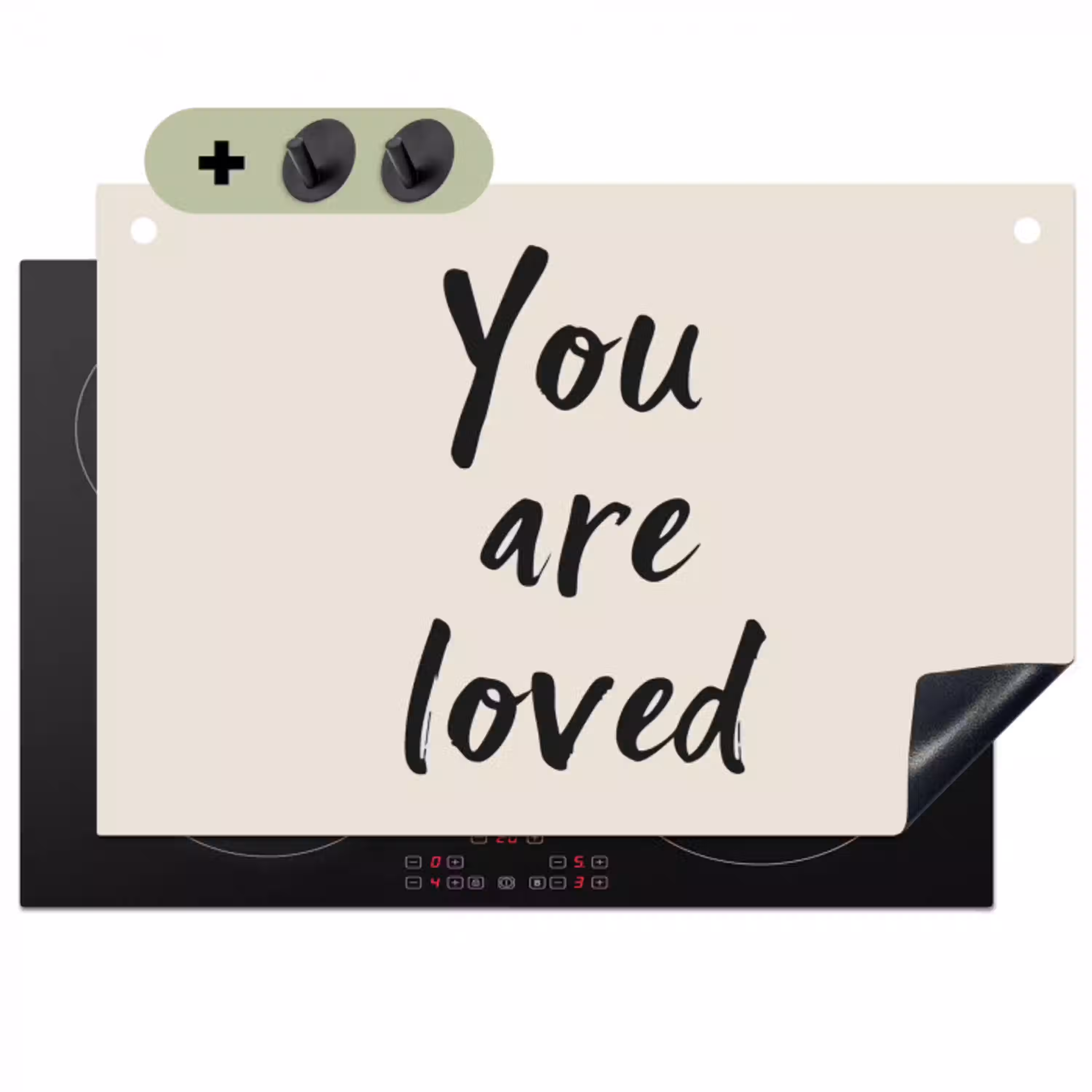 Minimalistisch - Beige - Love Inductie beschemer met haakjes klein -3d