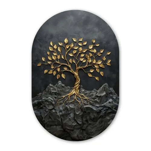 Bladeren - Goud - Boom - Rots Wandcirkel Ovaal Forex klein -3d