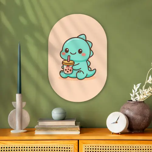 Dino - Boba - kawaii - Oranje Wandcirkel Ovaal Forex klein -sfeer2