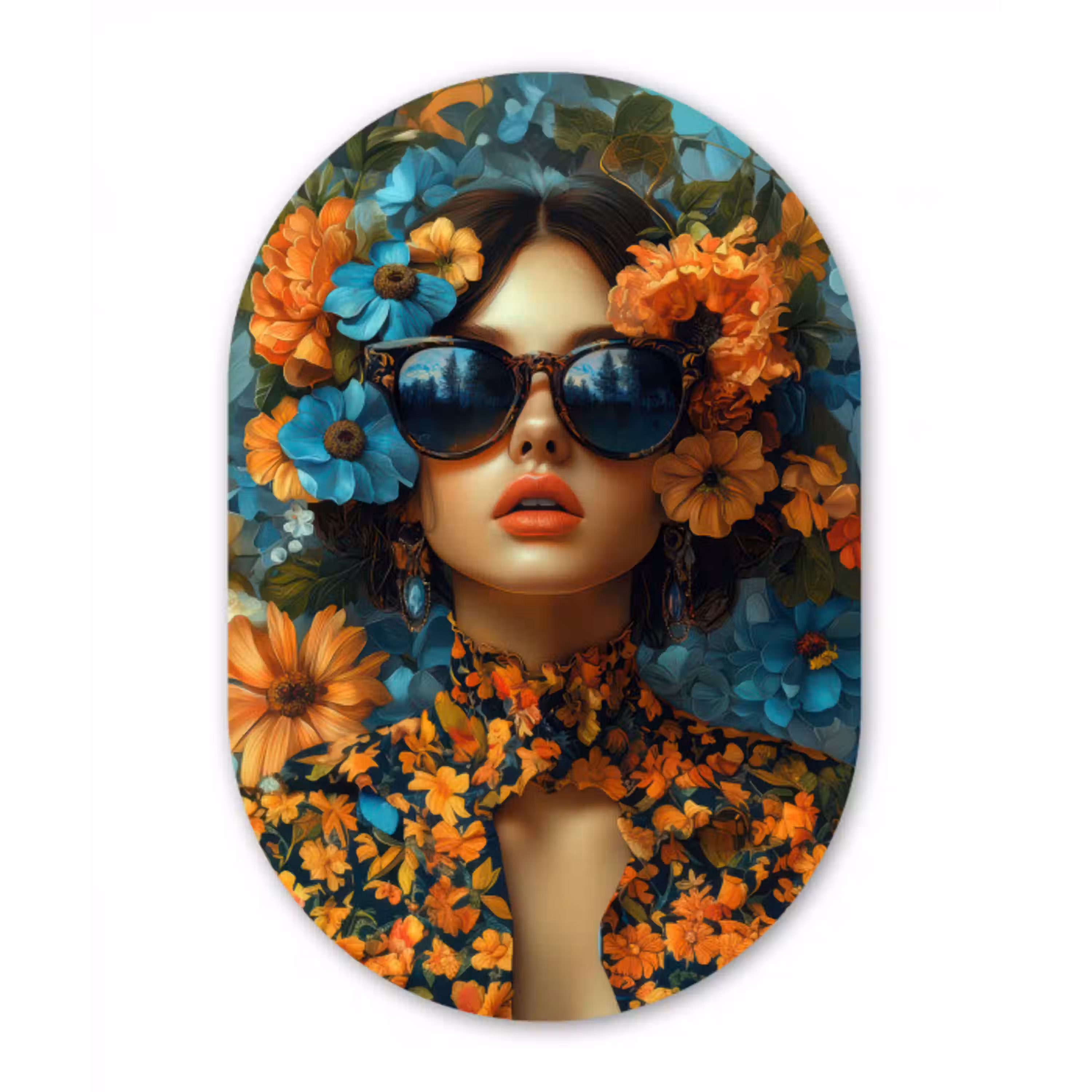Vrouw - Bloemen - Oranje - Blauw - Modern Wandcirkel Ovaal Forex klein -3d