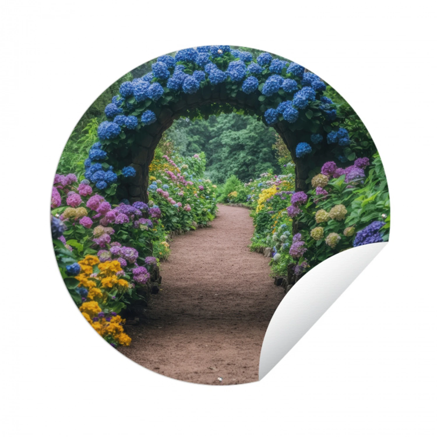 Doorkijk - Bloemen - Hortensia - Pad Wandcirkel tuinposter met ringen klein -3d
