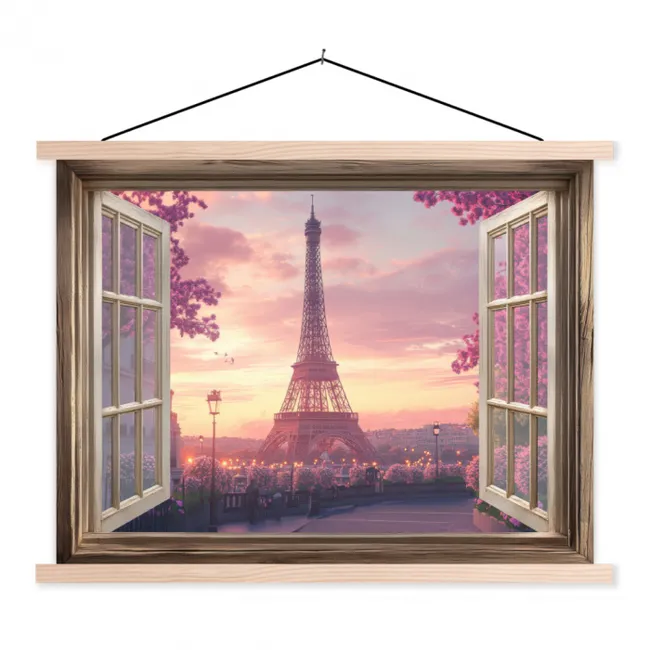 Doorkijk - Parijs - Eiffeltoren - Roze - Kersenbloesem textielposter latten blank klein -3d