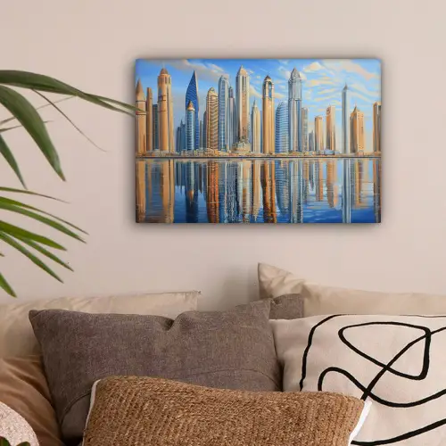 Skyline - Wolkenkrabbers - Water - Blauw canvas 2cm klein -sfeer1