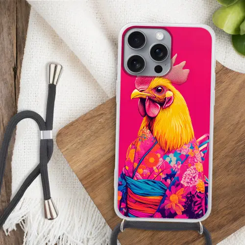 Haan - Kleurrijk - Kimono - Roze Hoesje iPhone 16 Pro Max met koord klein -sfeer4