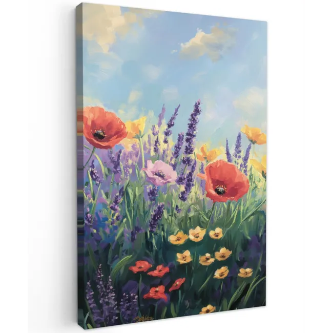 Weide - Bloemen - Kleurrijk Tuinposter op houten frame 2 cm dik klein -3d