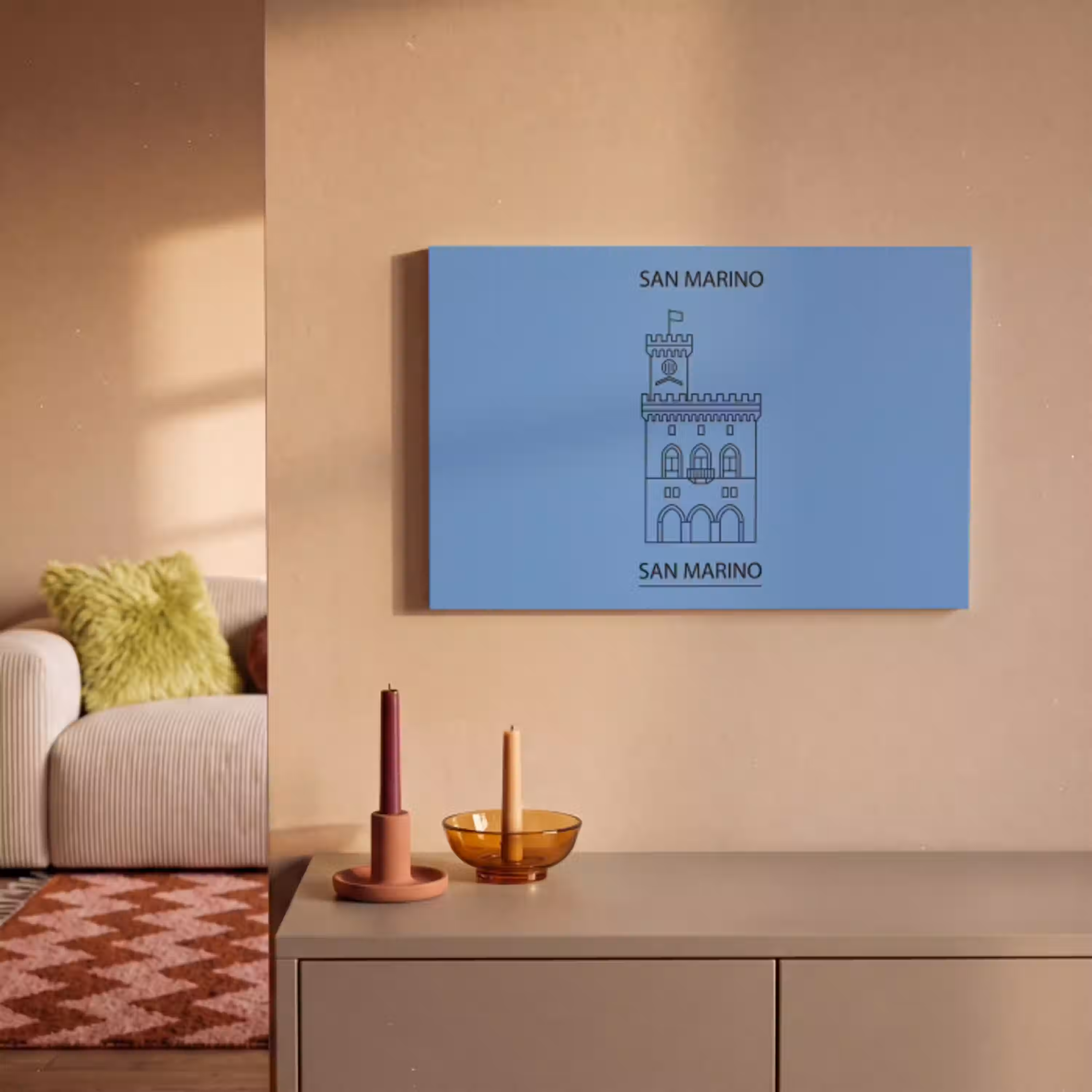 Gebouw - San Marino - Architectuur - Lijntekening - Blauw canvas 2cm klein -sfeer1