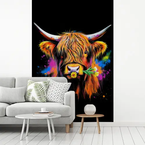 Schotse Hooglander - Graffiti - Kleurrijk - Bloem - Dieren fotobehang vinyl groot -woonkamer