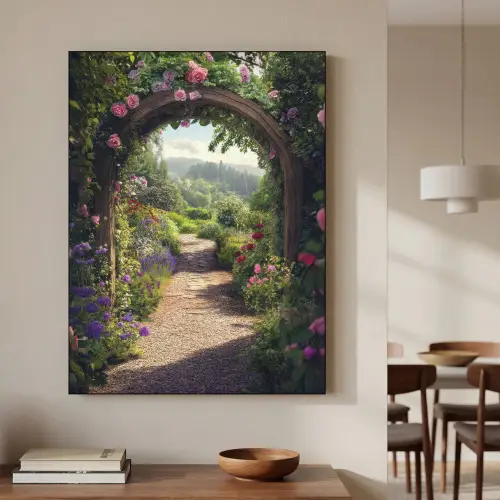Doorkijk - Landschap - Bloemen - Rozenboog - Natuur Textielframe zwart klein -sfeer2